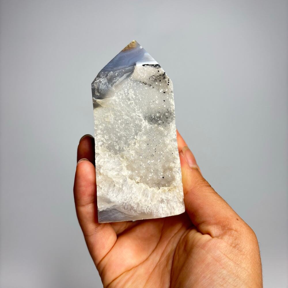 Polished Blue Grey Agate Crystal Tower with Druzy Quartz